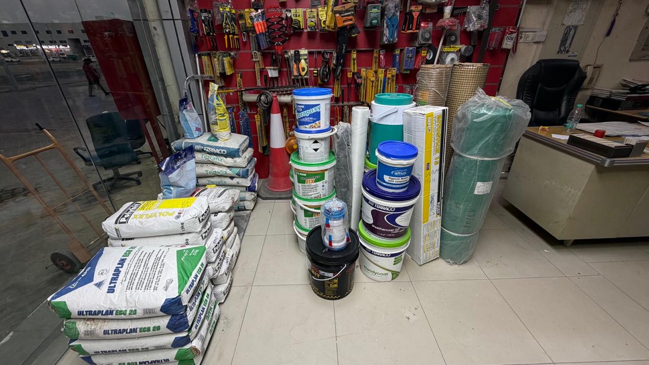 Cement, waterproofing and tools in stock at Al Falaq Musaffah showroom